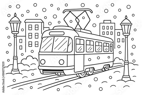Winter Tram Coloring Page. Winter city tram scene children?s coloring book illustration, outlined drawing,