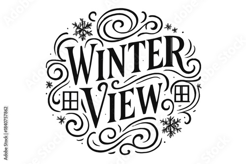 Winter Flourish Lettering. Winter View ? Flourish Lettering with elegant curls and swashes around tall serif