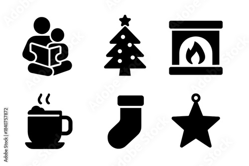 Christmas Story Icons. Parents reading a Christmas story. Filled icon set of parents reading a Christmas story