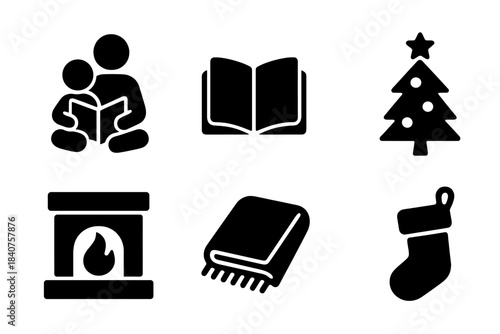 Festive Storytime Icons. Christmas storytime. Filled icon set of Christmas storytime: parent reading, child