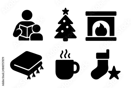 Family Christmas Icons. Family Christmas reading. Filled icon set of family Christmas reading: parent reading