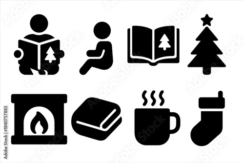Festive Storytime Icons. Christmas storytime. Filled icon set of Christmas storytime: parent reading, child
