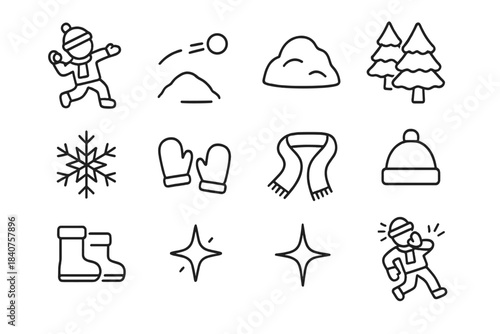 Winter Snowball Icons. Winter Snowball Fun. Line outline icon set of Winter Snowball Fun: kids throwing