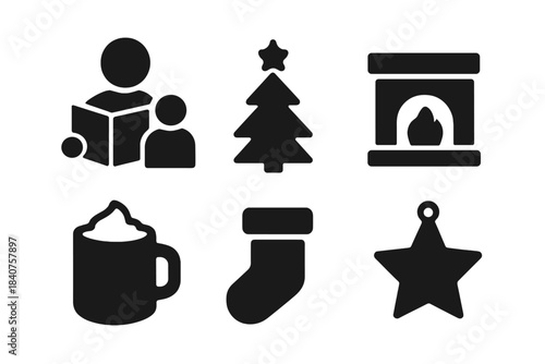 Family Christmas Icons. Family Christmas reading. Filled icon set of family Christmas reading: parent reading