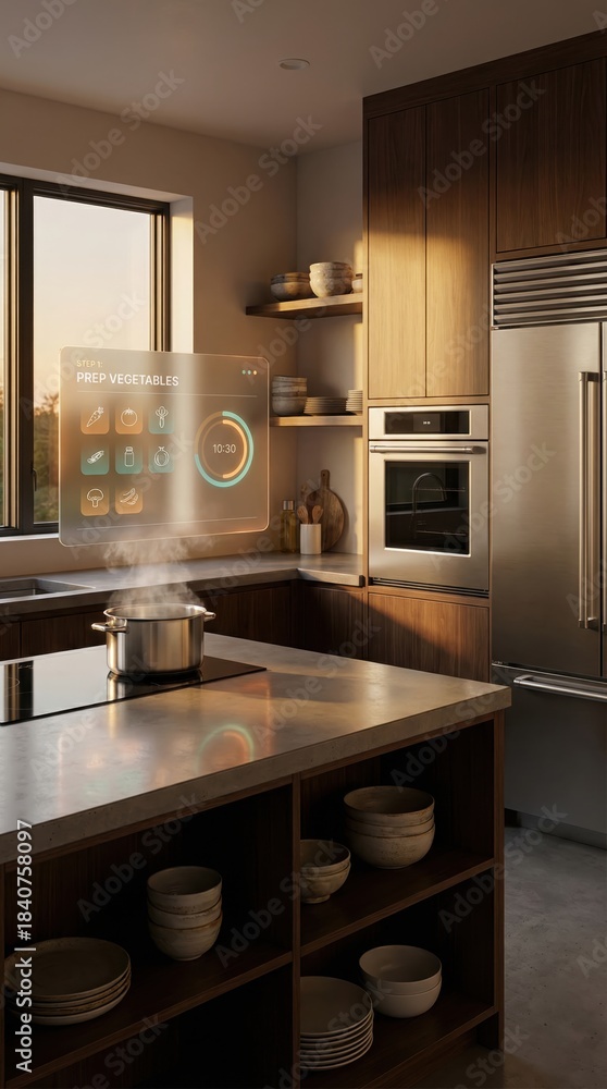 Fototapeta premium Modern kitchen with smart cooking interface and fresh vegetables