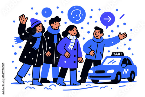 Snowy Cab Wait. People waiting for a cab in the snow. Group of individuals in warm coats and scarves, standing