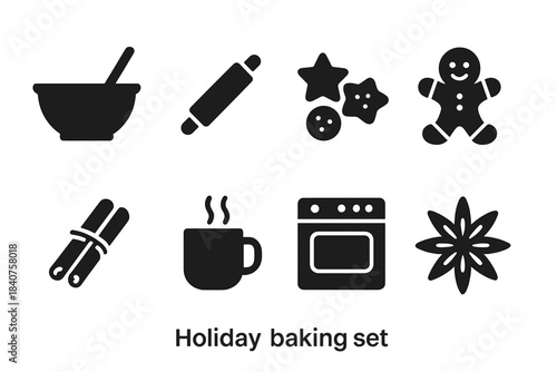Holiday Baking Icons. Holiday baking. Filled icon set of holiday baking: mixing bowl, rolling pin, cookies,