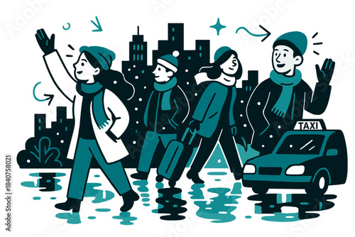 Cozy Winter Cityscape. City winter evening. People in scarves and hats, waiting for taxis, snow falling