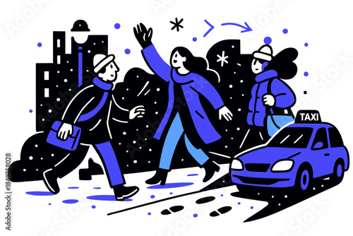 Winter Taxi Wait. Urban winter night. People waiting for a taxi under streetlights, snow falling gently, cab