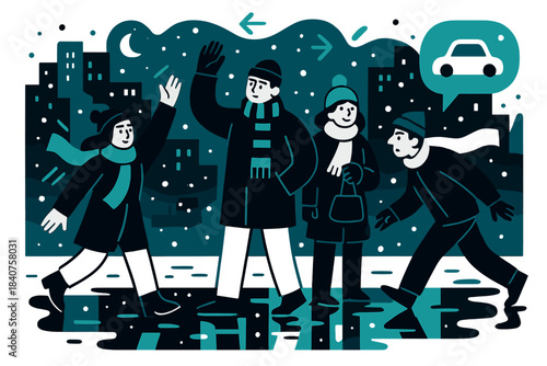 Cozy Winter Cityscape. City winter evening. People in scarves and hats, waiting for taxis, snow falling