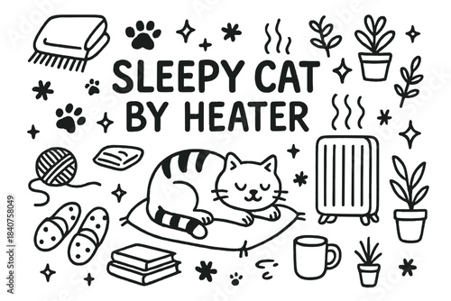 Sleepy Cat Cozy Doodle. Sleepy cat by heater. Hand-drawn doodle illustration of sleepy cat by heater. Cat,