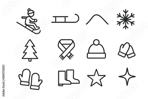 Christmas Sledding Icons. Christmas Sledding Fun. Line outline icon set of Christmas Sledding Fun: person on