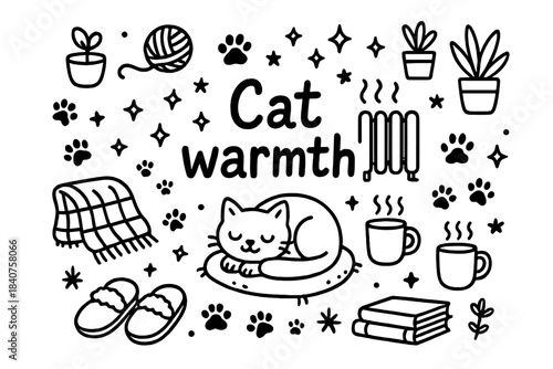 Cozy Cat Illustration. Cat warmth. Hand-drawn doodle illustration of cat warmth. Cat, heater, blanket, cushion