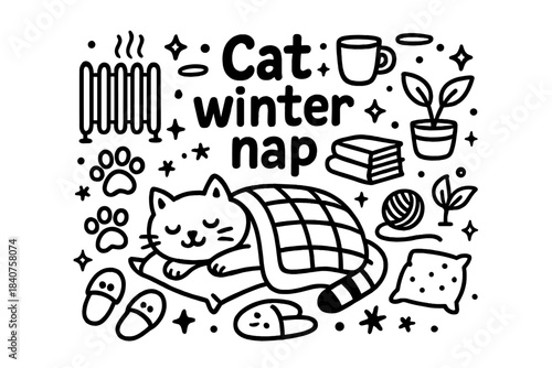 Cozy Cat Nap Scene. Cat winter nap. Hand-drawn doodle illustration of cat winter nap. Cat, heater, blanket,