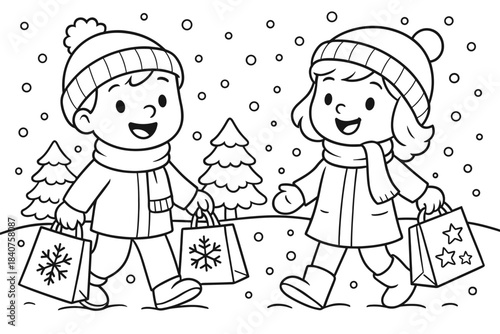 Holiday Shopping Coloring Page. Snowy holiday shopping children?s coloring book illustration, outlined drawing