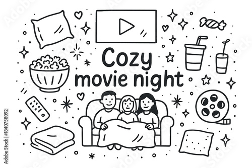 Cozy Movie Night Doodle. Cozy movie night. Hand-drawn doodle illustration of Cozy movie night. sofa, family
