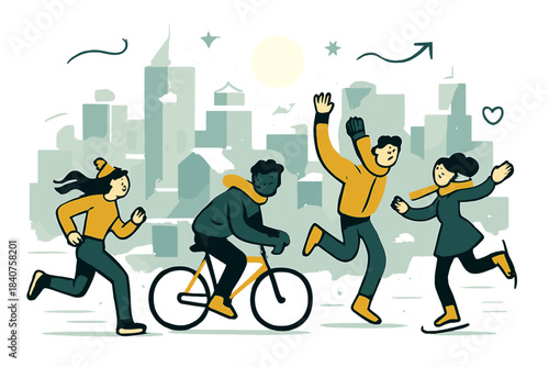 Frosty Urban Morning. Icy skyline. City buildings covered in frost, morning light catching the icy surfaces,