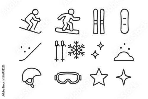 Christmas Skiing Icons. Christmas Skiing Snowboarding. Line outline icon set of Christmas Skiing Snowboarding: