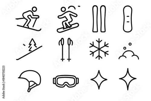 Winter Sports Icons. Winter Snow Sports. Line outline icon set of Winter Snow Sports: skier, snowboarder, skis