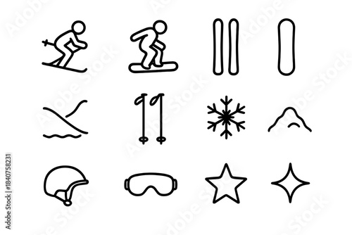 Christmas Skiing Icons. Christmas Skiing Collection. Line outline icon set of Christmas Skiing Collection: