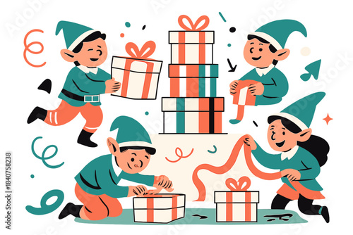 Elves Wrapping Gifts. Elves preparing gifts. Colorful workshop with small elves wrapping presents, stacks of