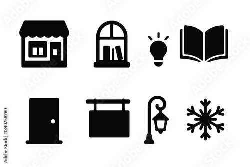 Cozy Bookstore Icons. Cozy Night Books. Filled icon set of Cozy Night Books: bookstore, window, warm light,