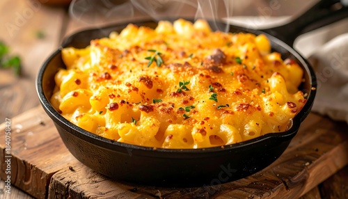 Delicious Baked Macaroni and Cheese in Cast Iron Skillet.