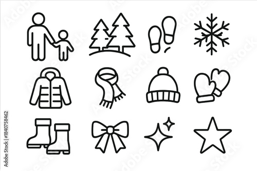 Winter Stroll Icons. Holiday Family Stroll. Line outline icon set of Holiday Family Stroll: adult figure,