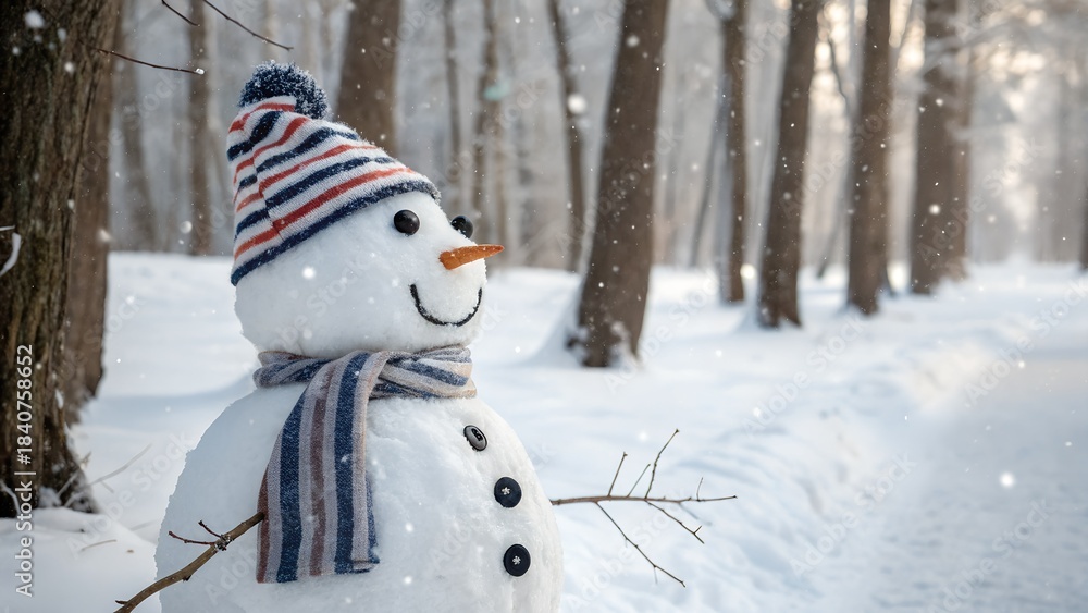 Fototapeta premium A cheerful snowman wearing a striped hat and scarf stands in a snowy winter forest during a snowfall