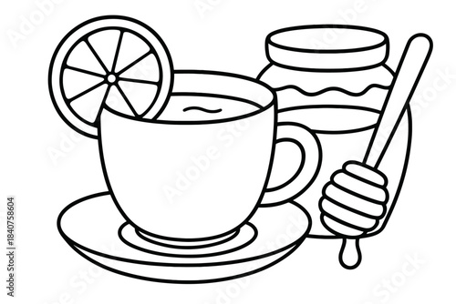 Tea and Honey Coloring. Lemon and honey tea children?s coloring book illustration, outlined drawing, cup of