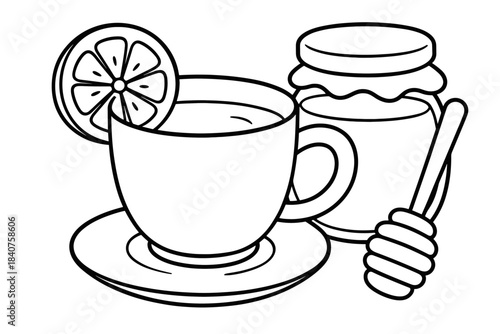 Lemon Honey Tea Illustration. Lemon and honey tea children?s coloring book illustration, outlined drawing, cup