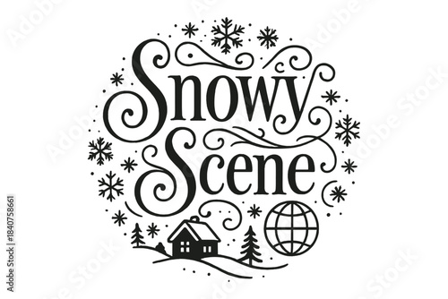 Flourish Winter Lettering. Snowy Scene ? Flourish Lettering with elegant swashes and curls around tall serif