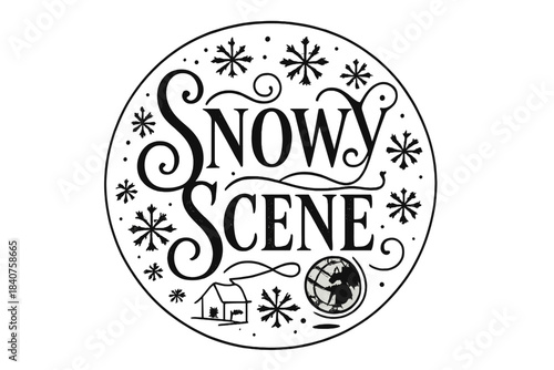 Elegant Snowy Flourish. Snowy Scene ? Flourish Lettering with elegant swashes and curls around tall serif