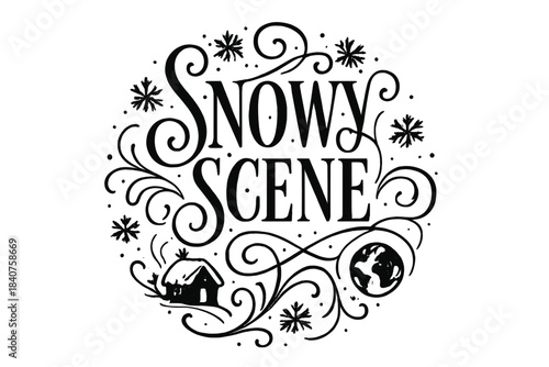 Elegant Flourish Snowflakes. Snowy Scene ? Flourish Lettering with elegant swashes and curls around tall serif