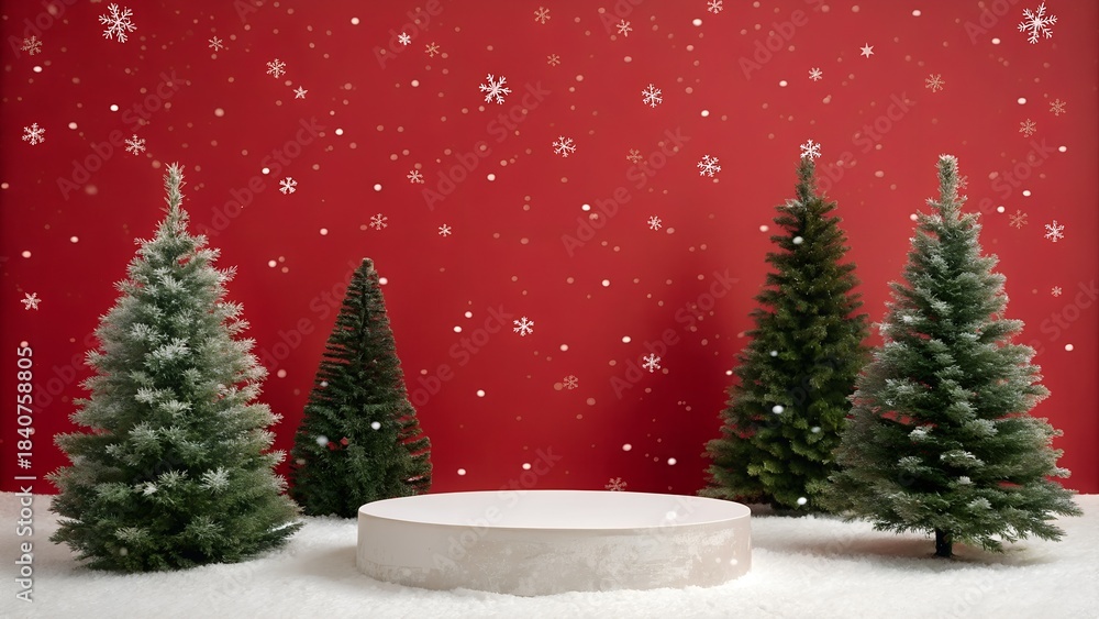Obraz premium A clean minimalist Christmas background pine trees. a red backdrop. snowflakes. and a round