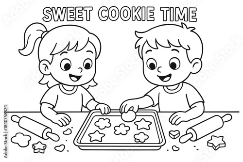 Kids Baking Fun. Sweet cookie time children?s coloring book illustration, outlined drawing, children placing