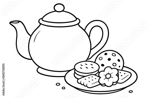 Teapot and Treats. Tea pot and treats children?s coloring book, outlined drawing, a large teapot with cookies,