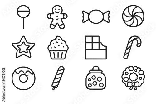 Christmas Candy Icons. Christmas sweets. Line outline icon set of Christmas sweets: lollipop, gingerbread man,