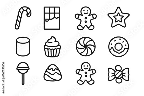 Sweet Christmas Icons. Sweet Christmas. Line outline icon set of sweet Christmas: candy cane, chocolate bar,