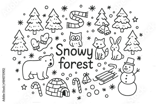 Snowy Forest Doodles. Snowy forest. Hand-drawn doodle illustration of Snowy forest. Pine trees, snowflakes,