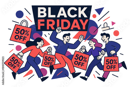 Black Friday Frenzy. Black Friday rush. Shoppers holding big sale bags with bold ?50% OFF? signs around,