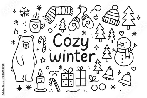 Cozy Winter Doodle. Cozy winter. Hand-drawn doodle illustration of Cozy winter. Polar bear, cocoa mug, mittens
