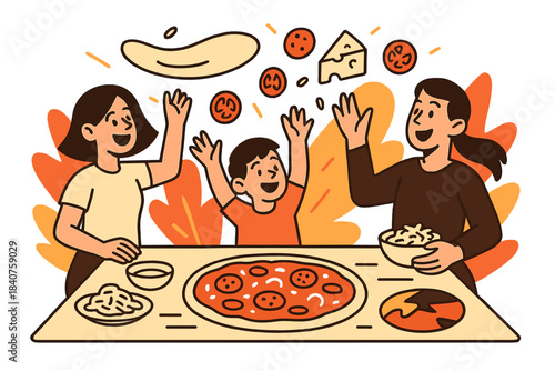 Pizza Night Fun. Homemade pizza night. Family gathered around table, ingredients like cheese, tomatoes, and