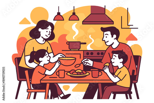 Cozy Family Dinner. Evening kitchen calm. After cooking, family sitting together sharing food, soft steam and