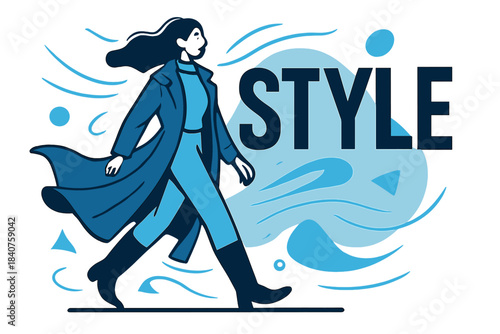 Street Style Breeze. Street fashion breeze. Model in long coat and boots walking confidently as fabric
