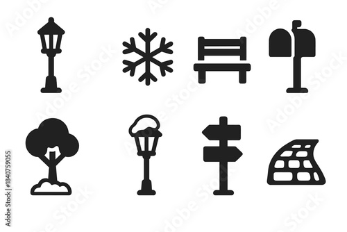 Winter Street Icons. Winter Street. Filled icon set of Winter Street: street lantern, snowflake, park bench,