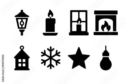 Cozy Winter Icons. Cozy Winter Lights. Filled icon set of Cozy Winter Lights: street lantern, candle, window