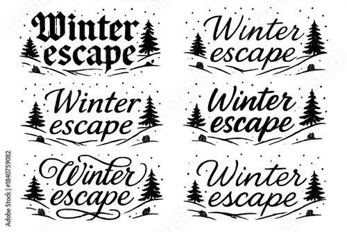 Winter Calligraphy Showcase. Winter escape. Create a calligraphy lettering illustration of the phrase: Winter