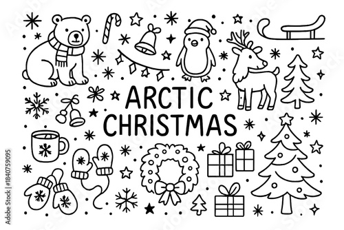 Arctic Christmas Doodle. Arctic Christmas. Hand-drawn doodle illustration of Arctic Christmas. Polar bear,