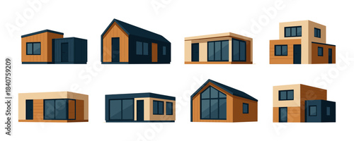 Modern tiny house collection, cabins and homes, flat vector illustration